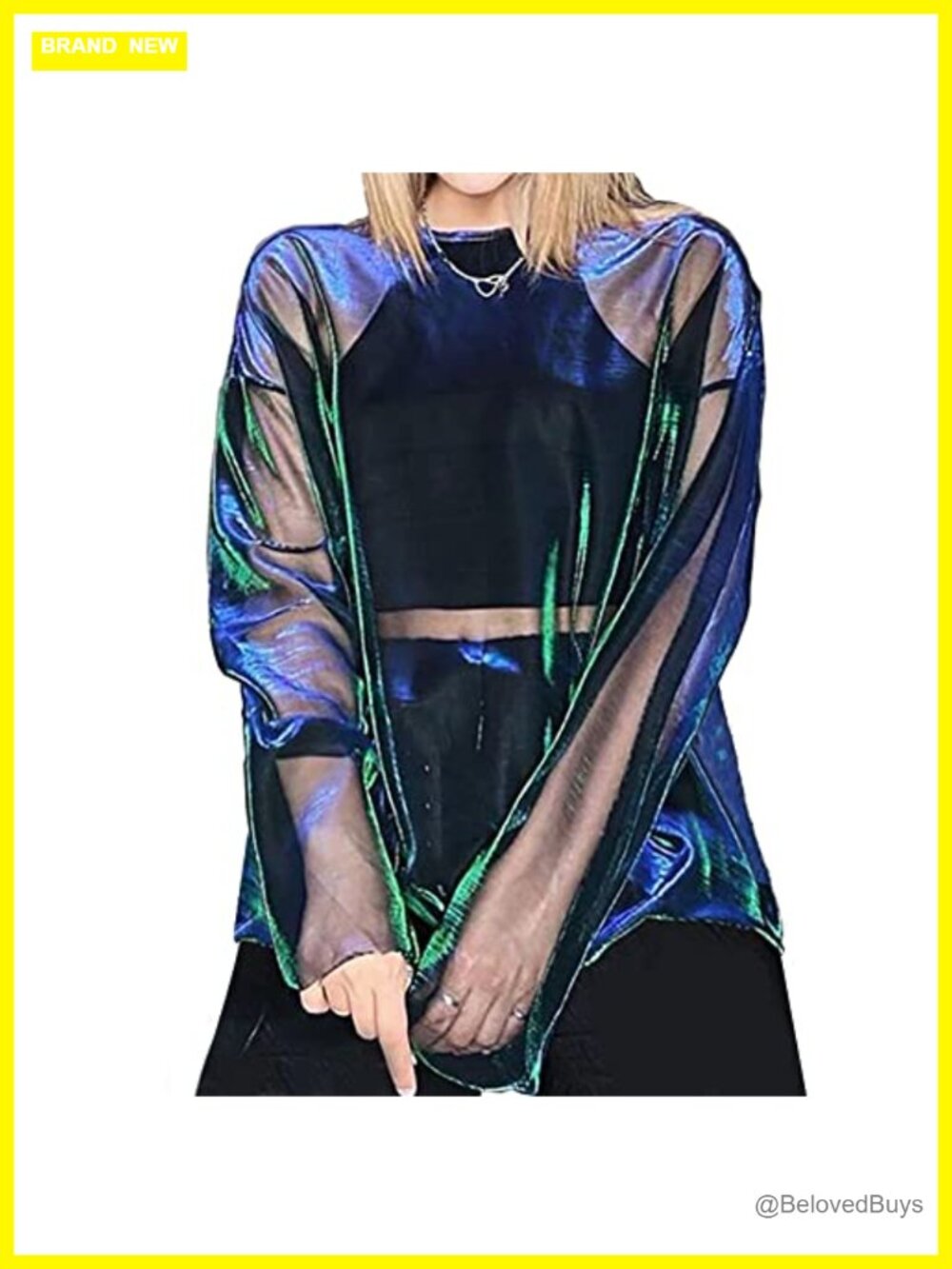 See-Thru Sparkly Metallic Oversized Long Sleeve Tee Shirt Cover Up